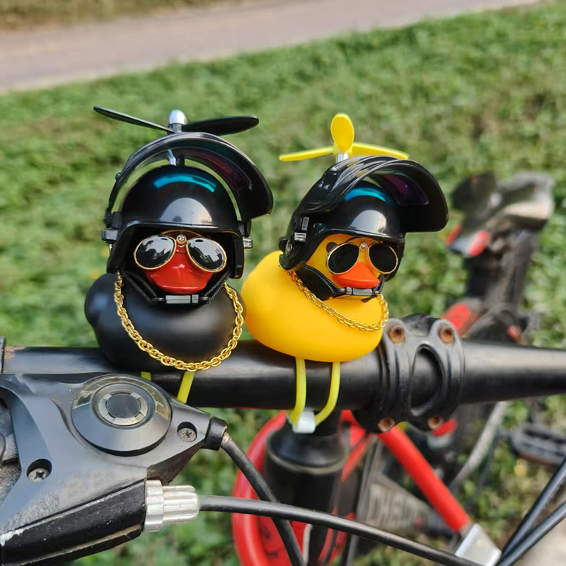 Yellow Cycling Gear - かわいいゴム製アヒル自転車ハンドルバー自転車装飾プロペラ付きメガネゴールドチェーンブラックイエローアヒル自転車ホーンストラップ付き